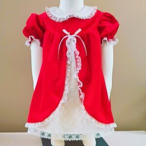 Vintage Red Velour Girls Dress 24M Sweet Treats Lace Lining & Trim Ribbon Rose